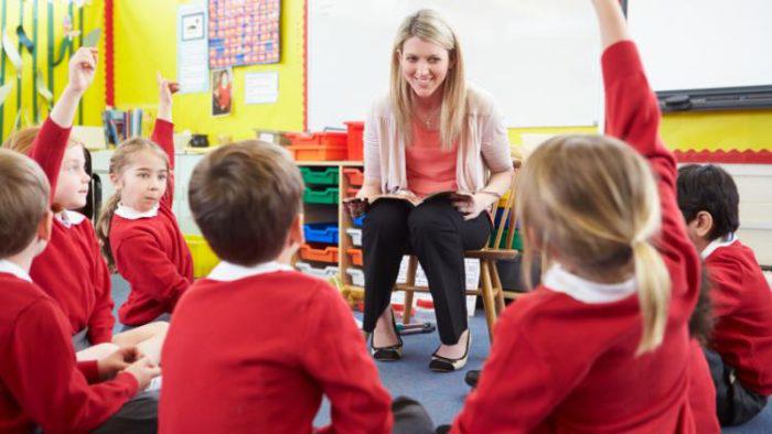 Teacher with students in class sitting in a circle