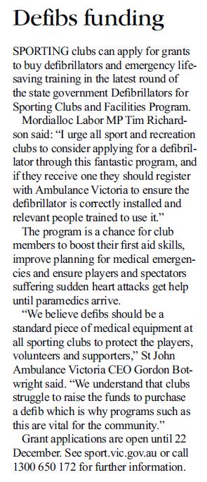 Defibs funding Chelsea Mordialloc News 22 Nov 17