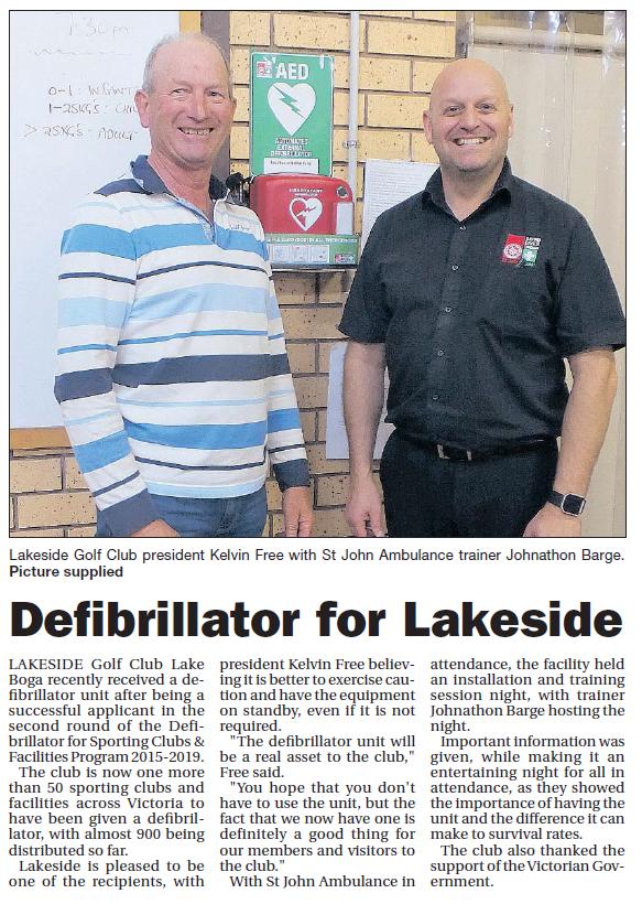 Defibrillator for Lakeside Swan Hill Guardian 01.12.17