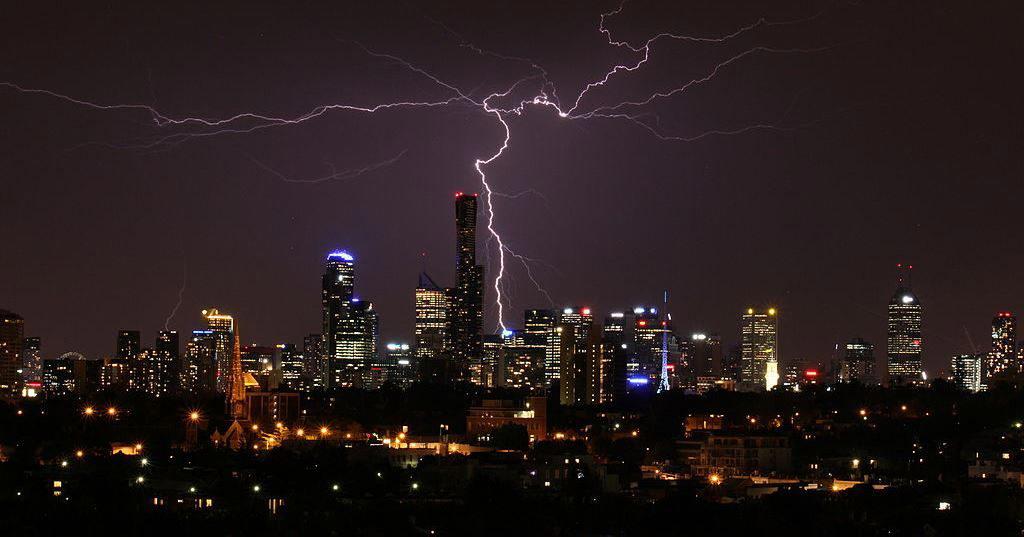 bright lightning over Melbourne city at night