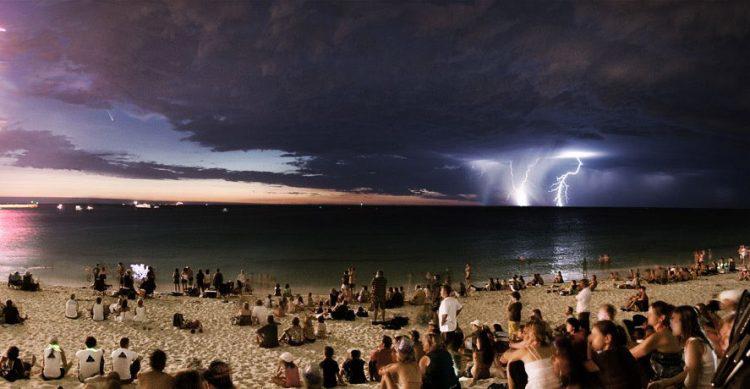 Thunderstorm and lightning in the distant seen at the beach
